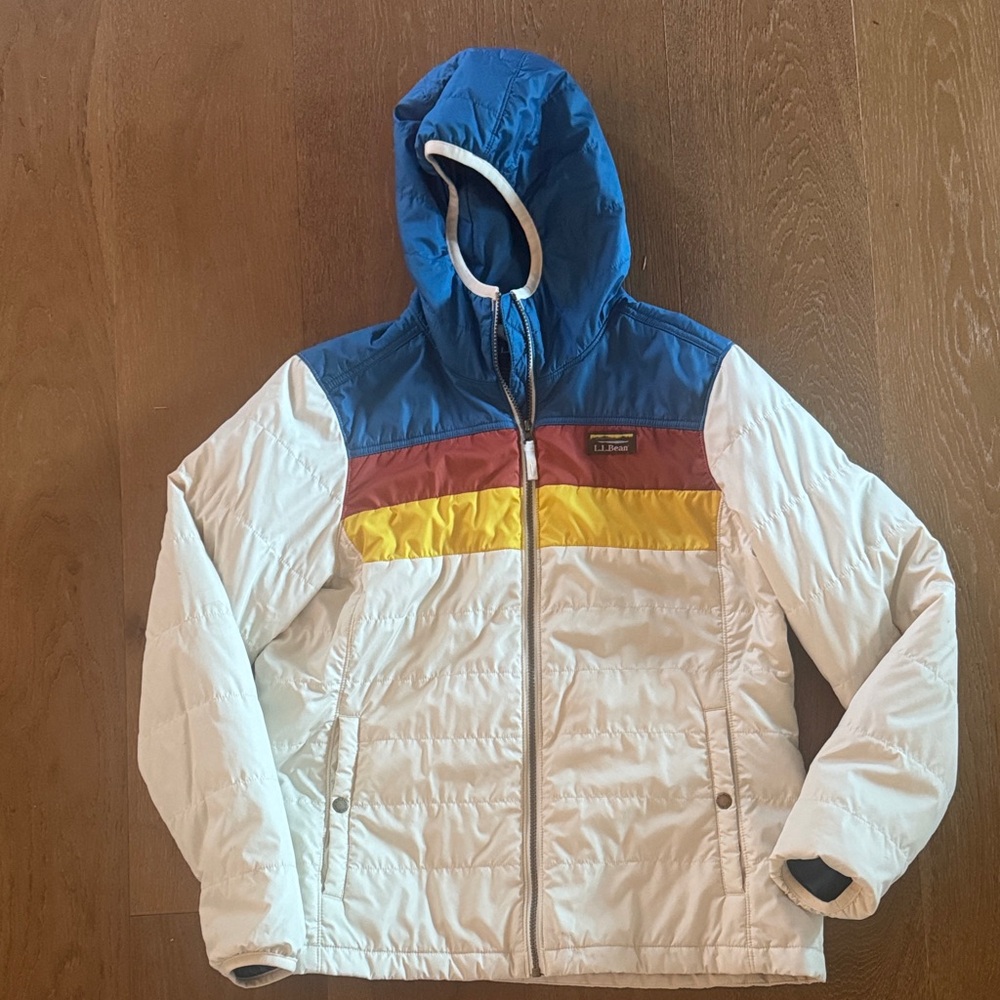 L.L. Bean White Ski Jacket with Blue Hood and Red & Yellow Chest Stripes